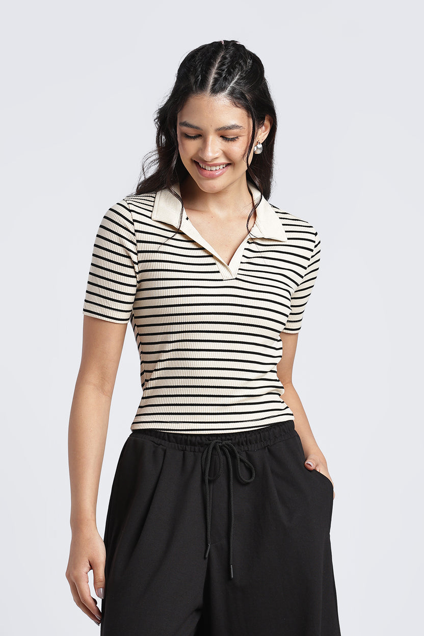 Beige Stripes Slim Fit Top For Women - Image 2