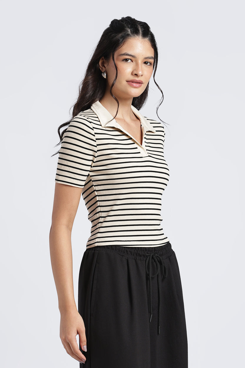 Beige Stripes Slim Fit Top For Women - Image 4
