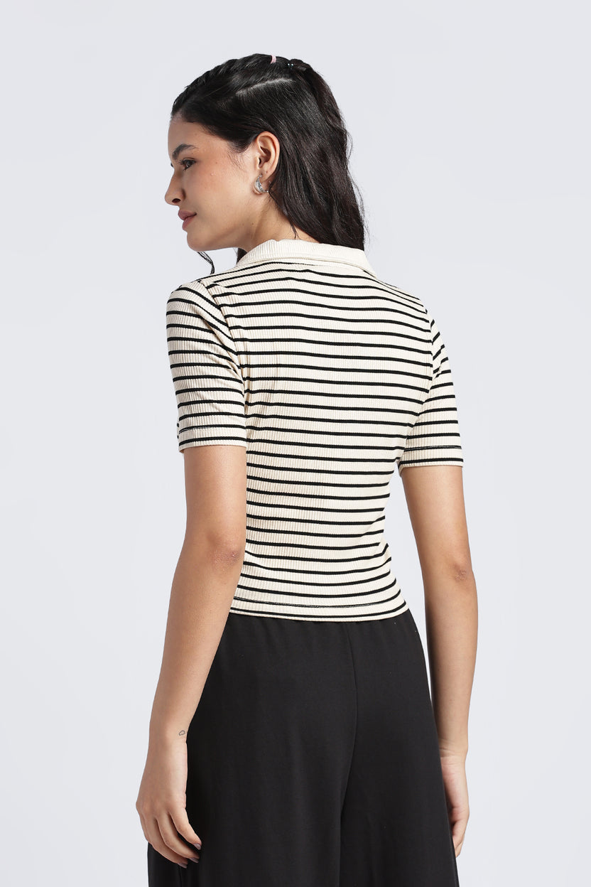 Beige Stripes Slim Fit Top For Women - Image 5