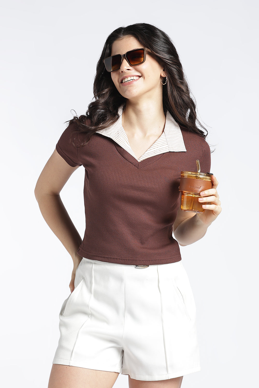 Brown Slim Fit Crop Top For Women - Image 1