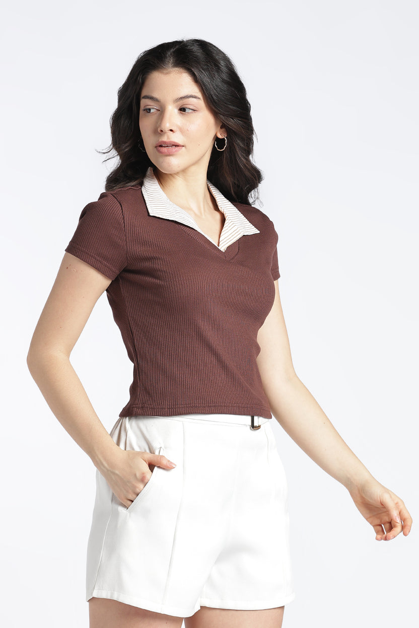 Brown Slim Fit Crop Top For Women - Image 4