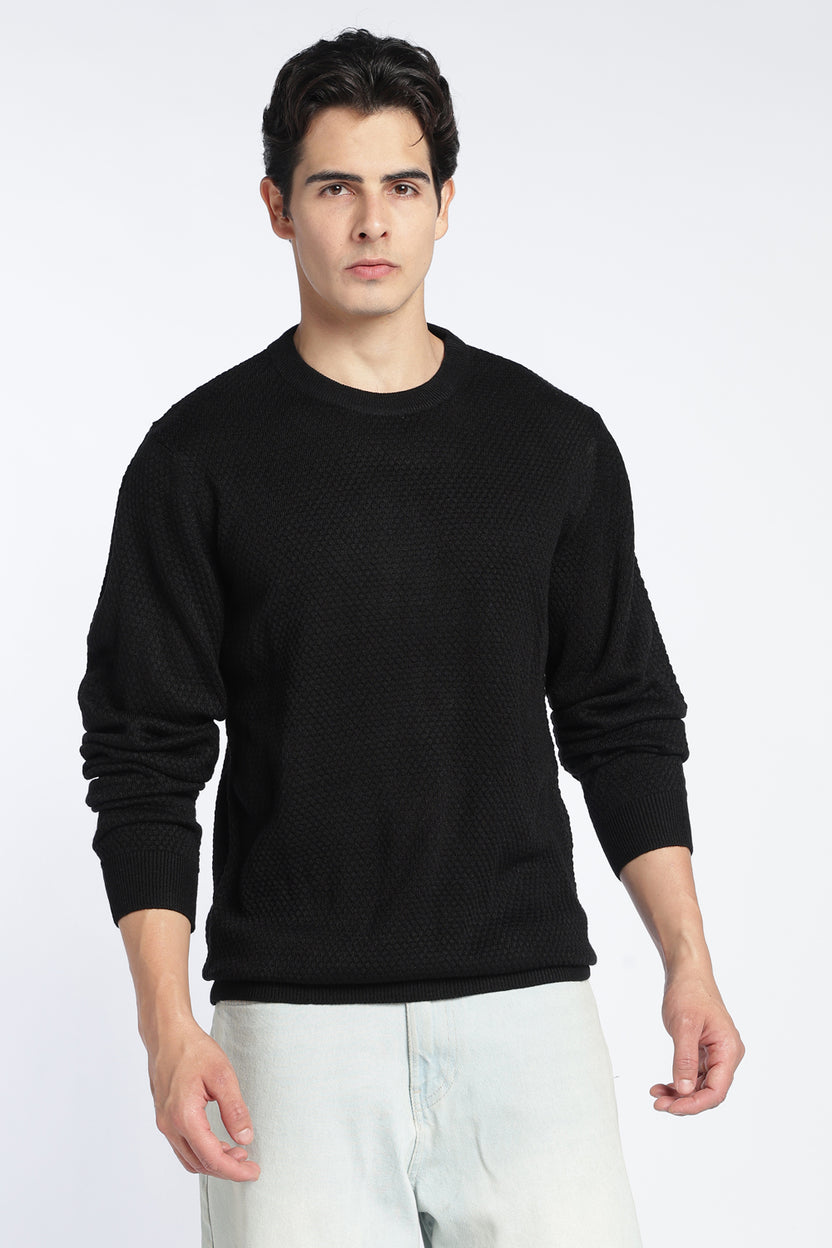 Black Textured Regular Fit Sweater For Men - Image 2