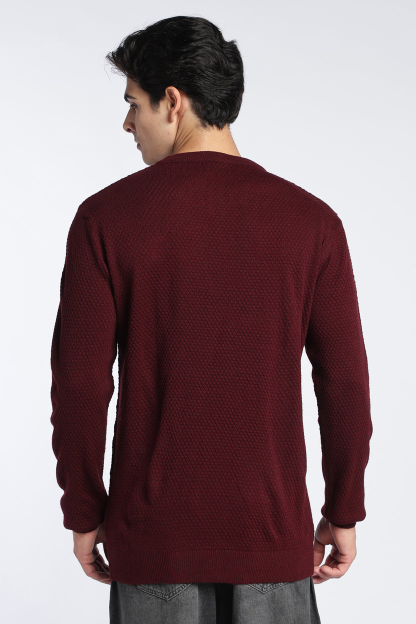 Red Textured Regular Fit Sweater For Men - Image 5