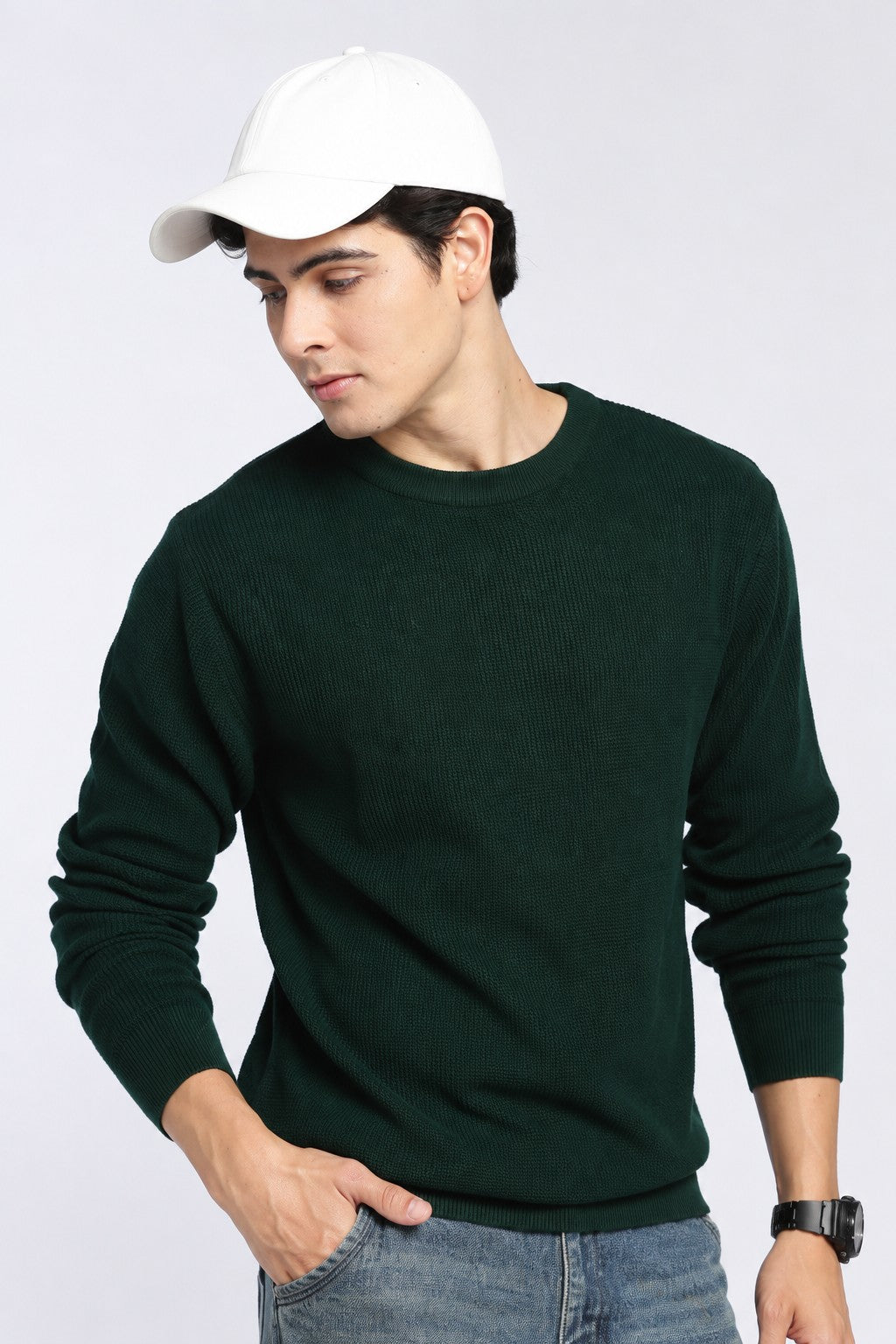Dark Green Textured Regular Fit Sweater For Men - Image 1