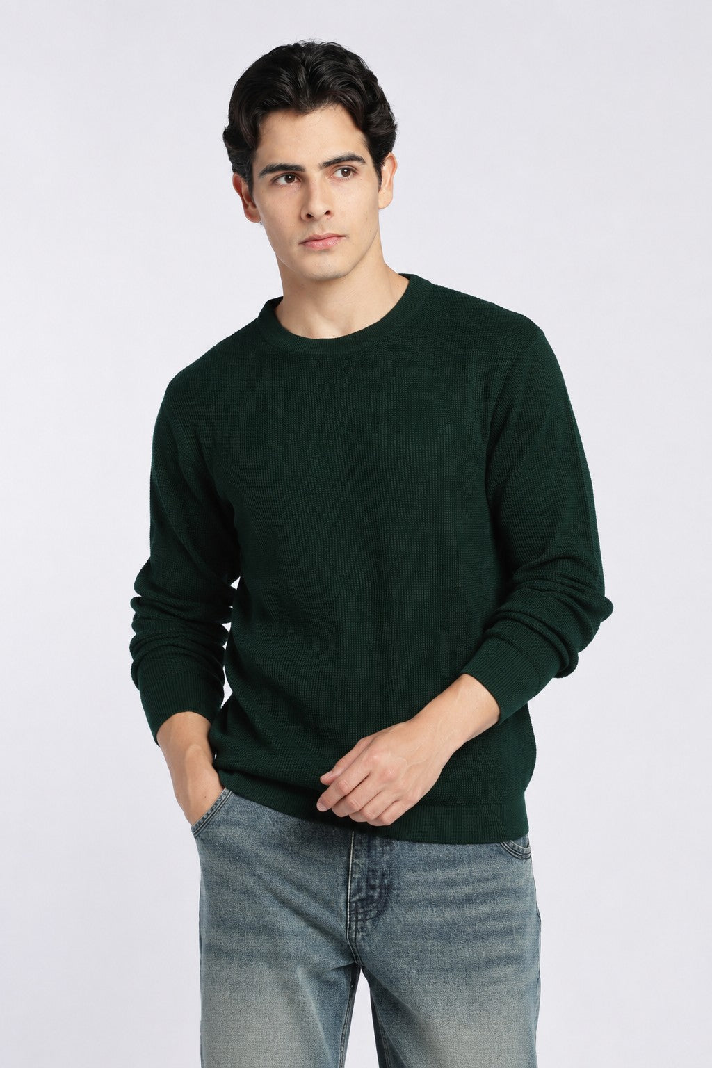 Dark Green Textured Regular Fit Sweater For Men - Image 2