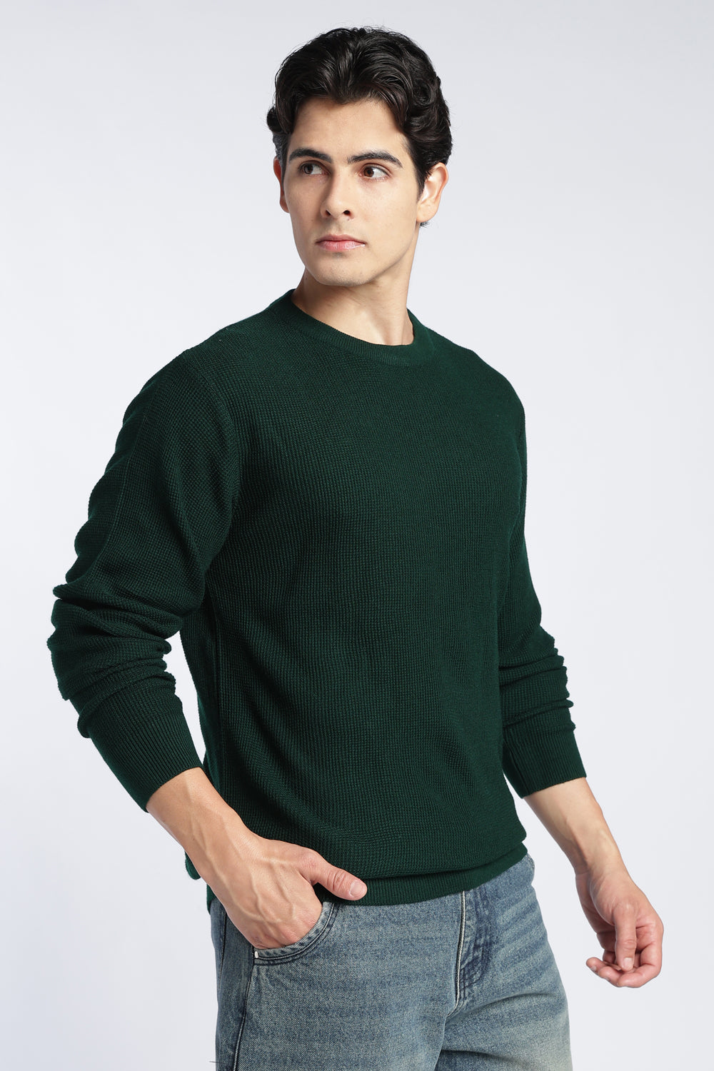 Dark Green Textured Regular Fit Sweater For Men - Image 4