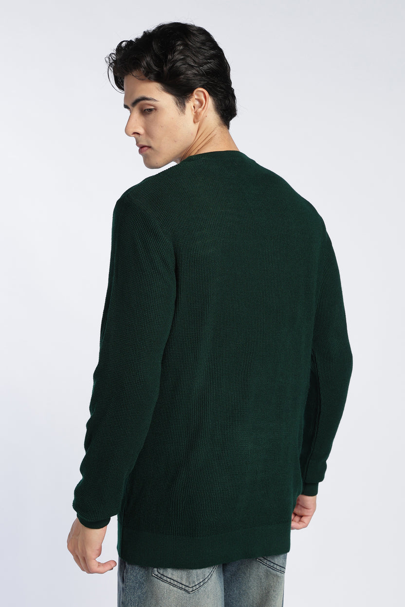 Dark Green Textured Regular Fit Sweater For Men - Image 5
