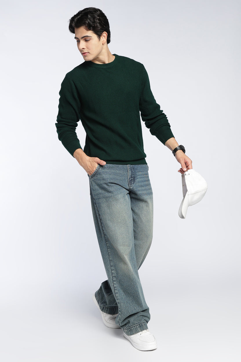 Dark Green Textured Regular Fit Sweater For Men - Image 6