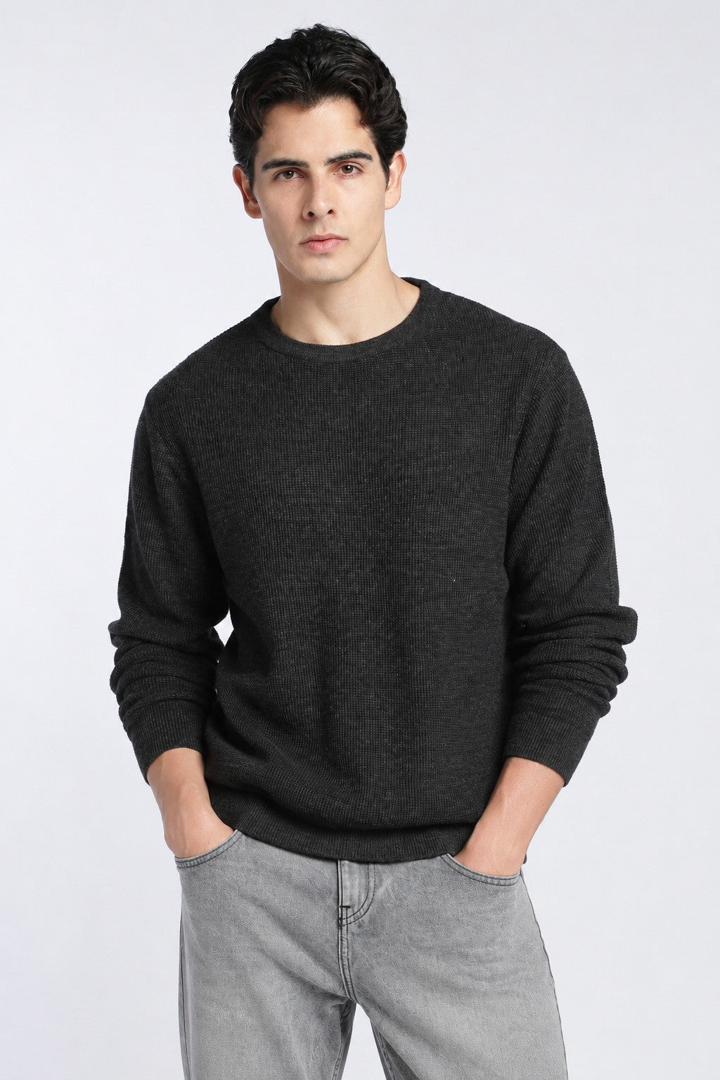 Charcoal Textured Regular Fit Sweater For Men - Image 2