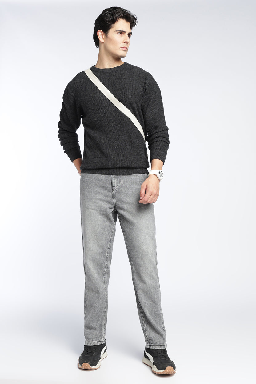 Charcoal Textured Regular Fit Sweater For Men - Image 6