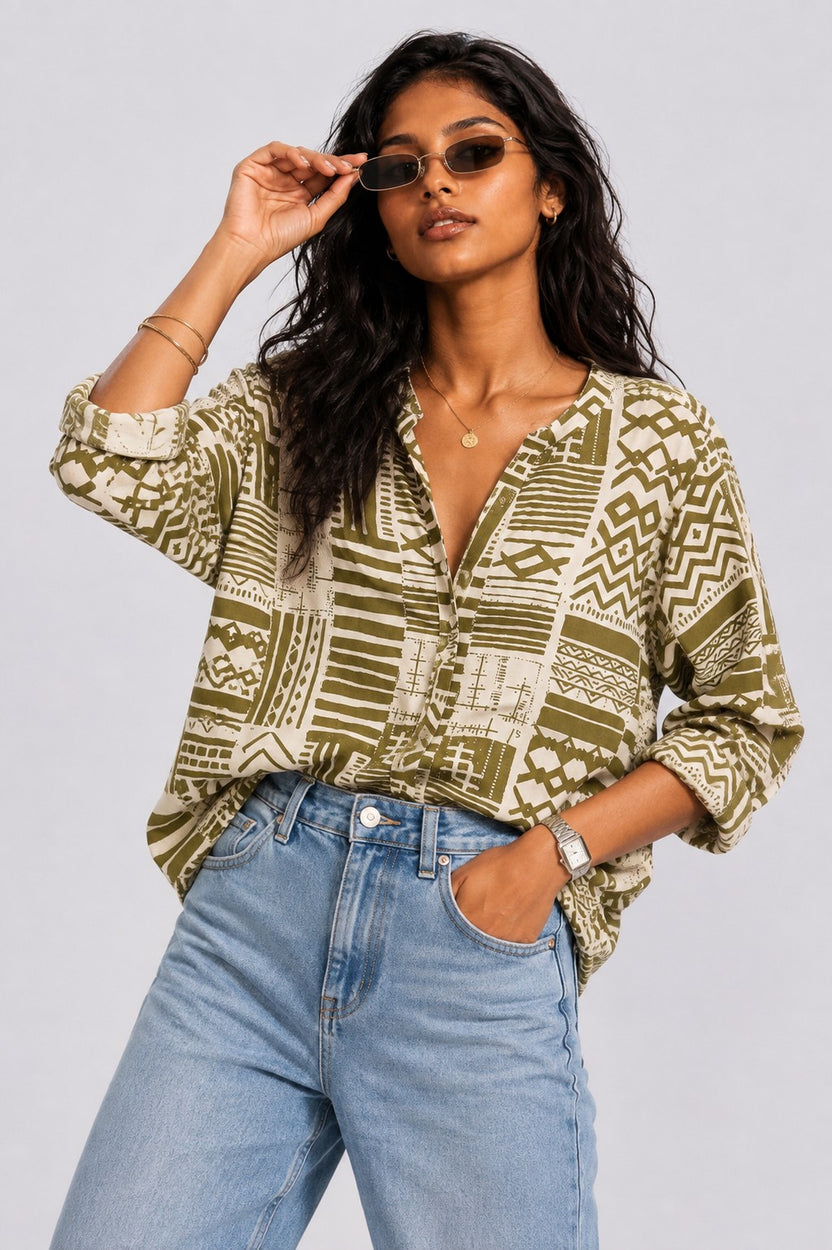 Womens Regular Fit Olive Tribal Tunic - Image 1