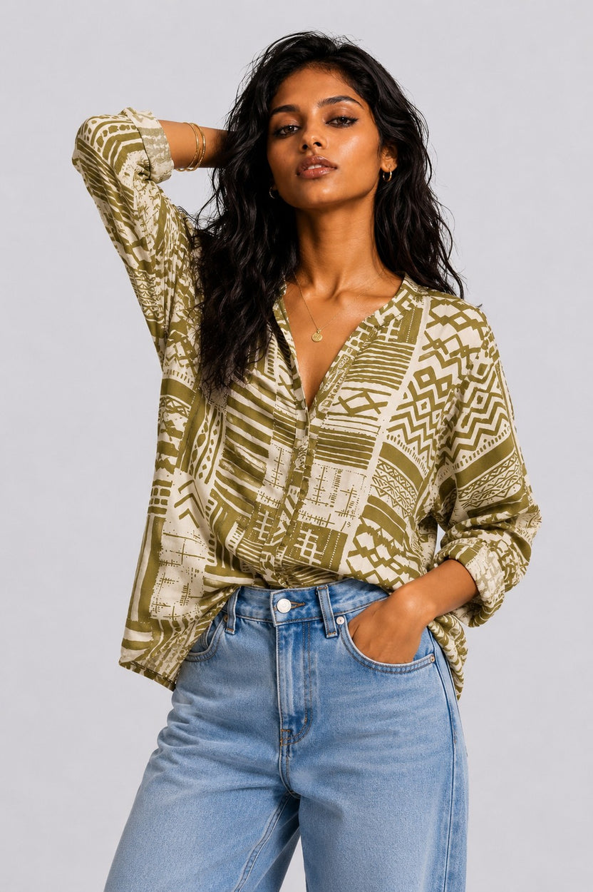 Womens Regular Fit Olive Tribal Tunic - Image 2
