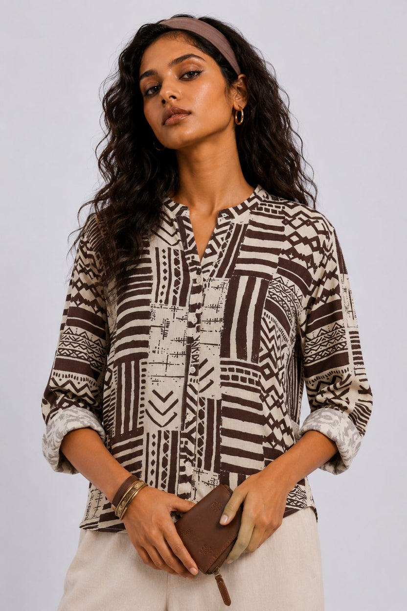 Womens Regular Fit Beige Tribal Tunic - Image 1