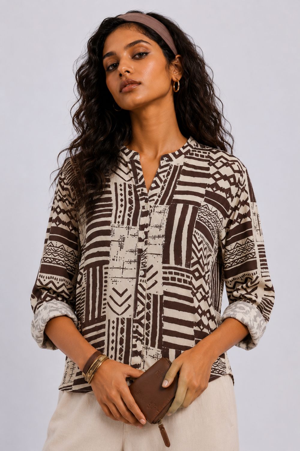 Womens Regular Fit Beige Tribal Tunic - Image 1