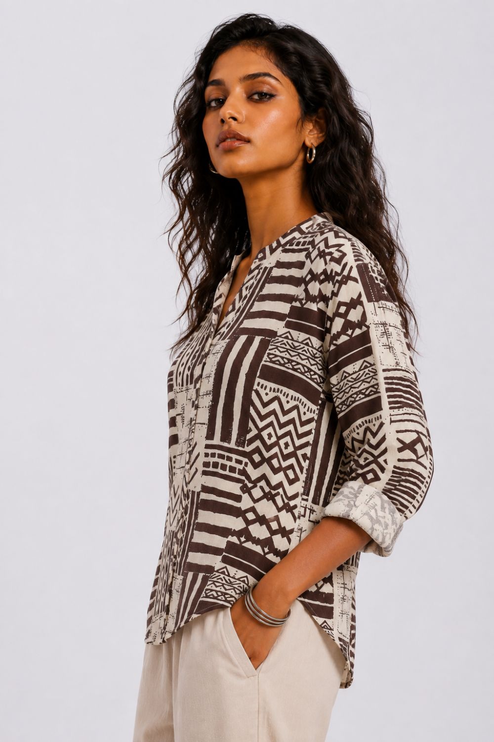Womens Regular Fit Beige Tribal Tunic - Image 4