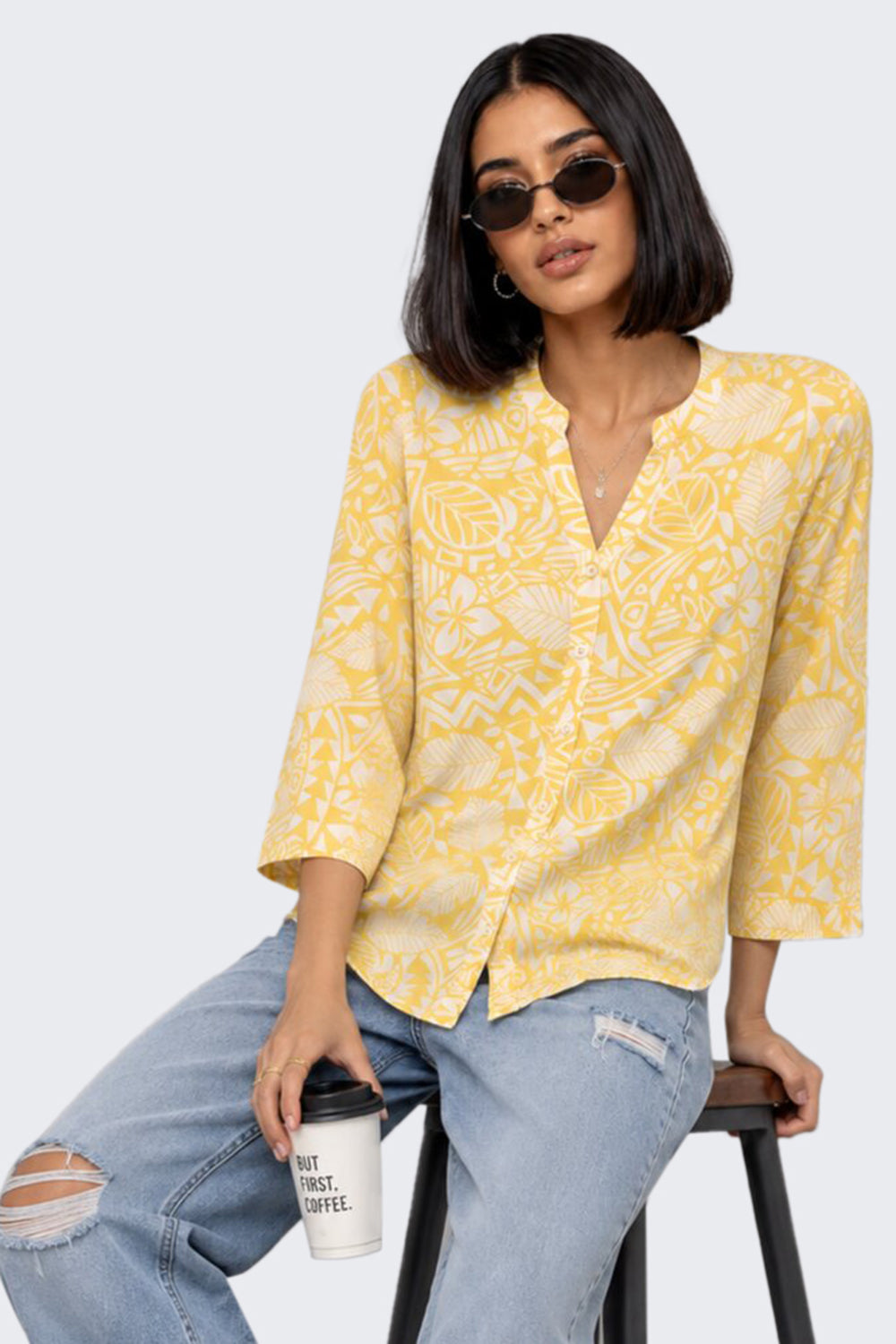 Womens Regular Fit Yellow Botanical Tunic - Image 1