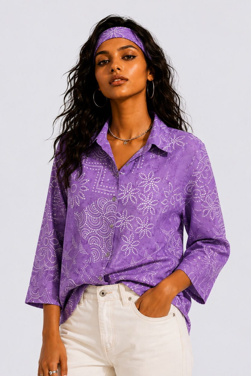Womens Regular Fit Lilac Bandhani Print Shirt - Image 1