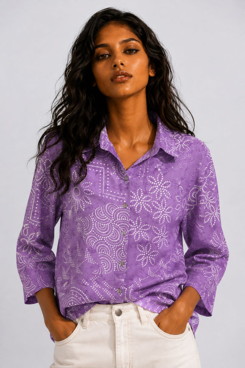 Womens Regular Fit Lilac Bandhani Print Shirt - Image 2