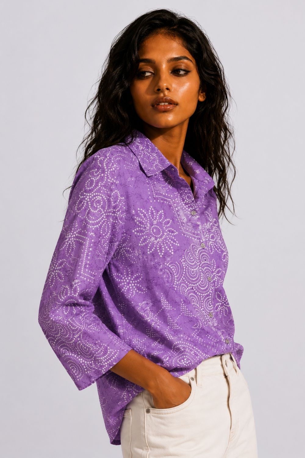Womens Regular Fit Lilac Bandhani Print Shirt - Image 4