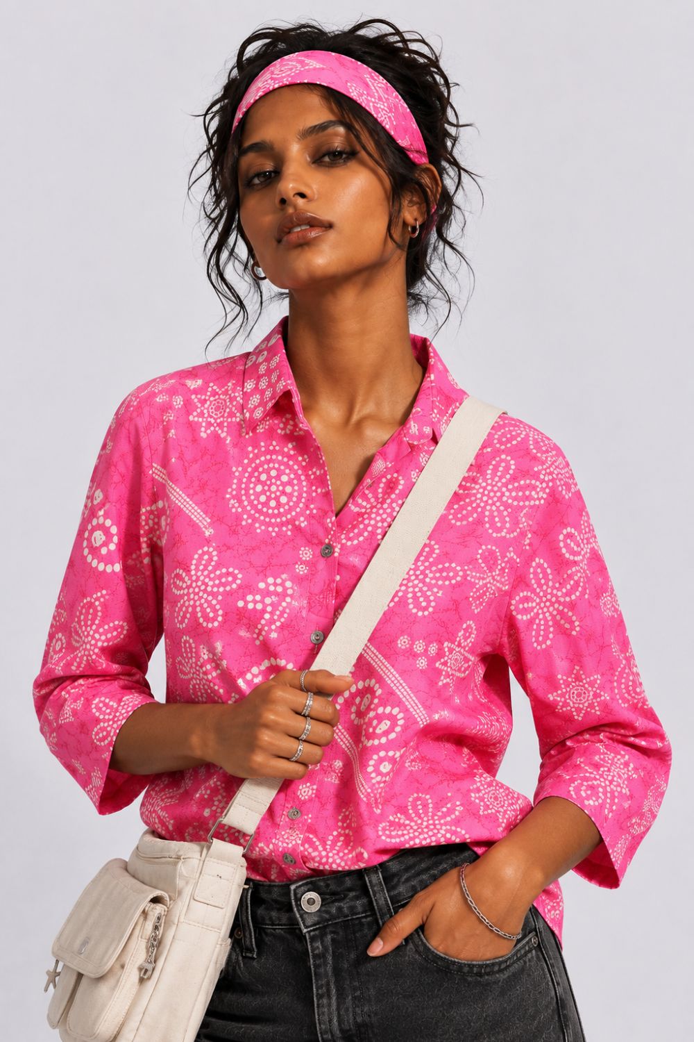 Womens Regular Fit Pink Bandhani Print Shirt - Image 1