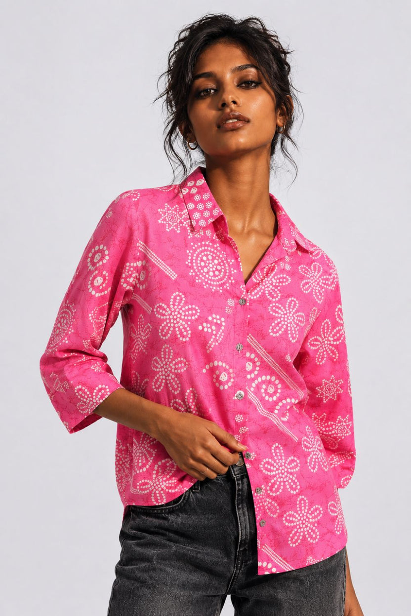 Womens Regular Fit Pink Bandhani Print Shirt - Image 2