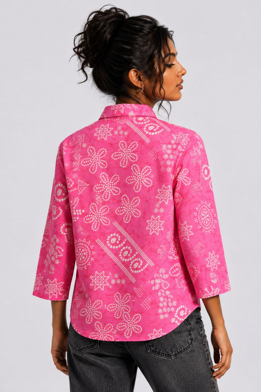 Womens Regular Fit Pink Bandhani Print Shirt - Image 5