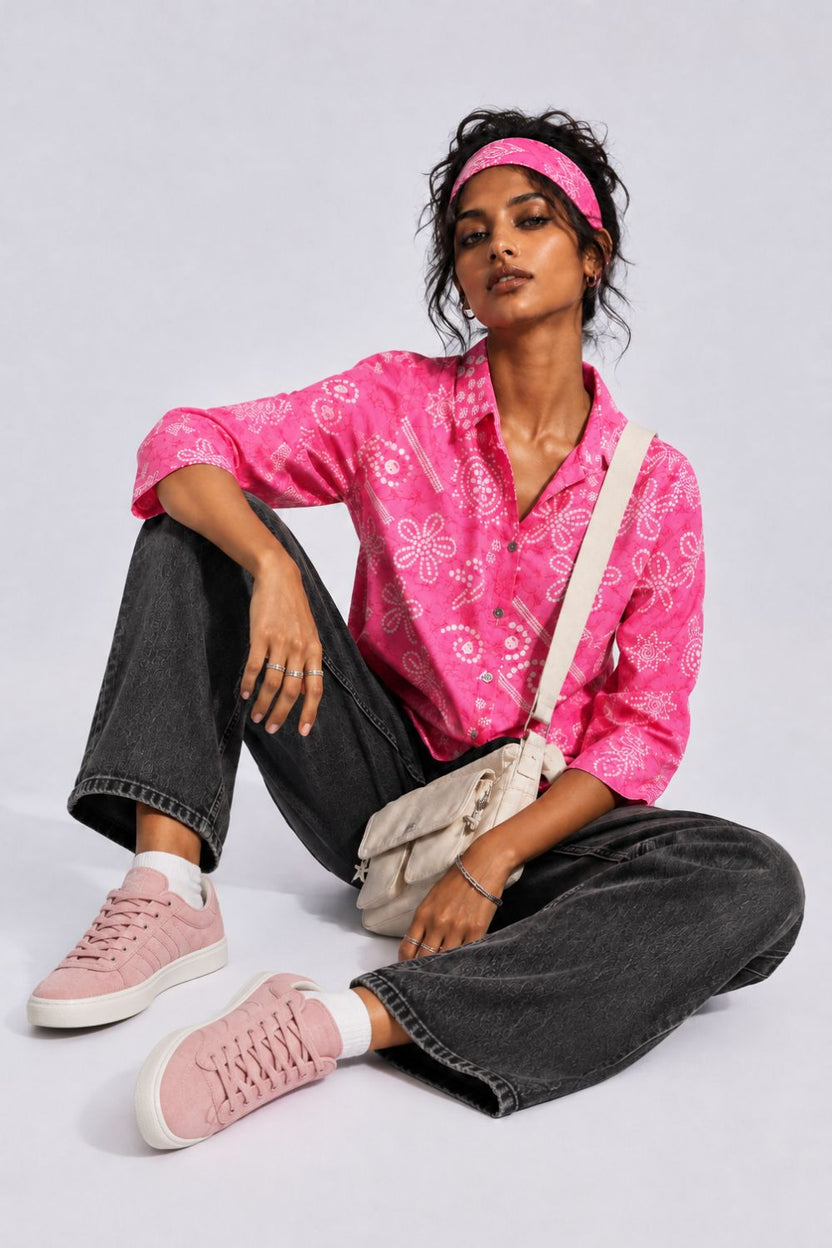 Womens Regular Fit Pink Bandhani Print Shirt - Image 6