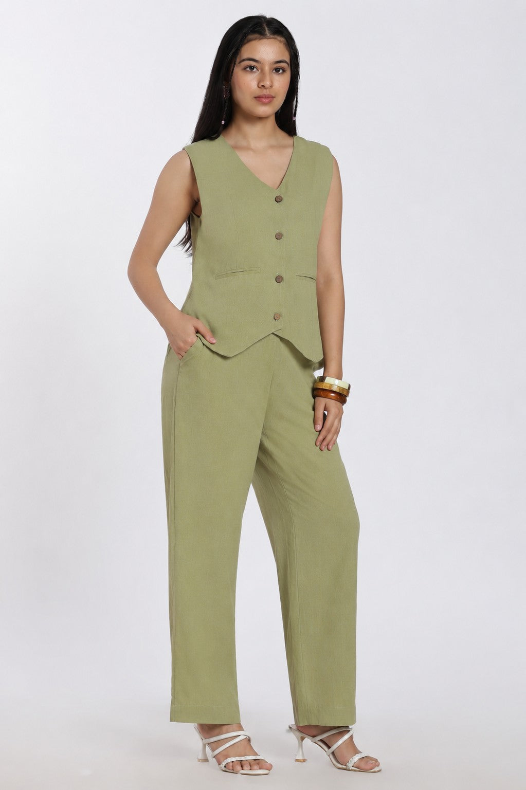 Womens Slim Fit Green Solid Co-ord Set - Image 1