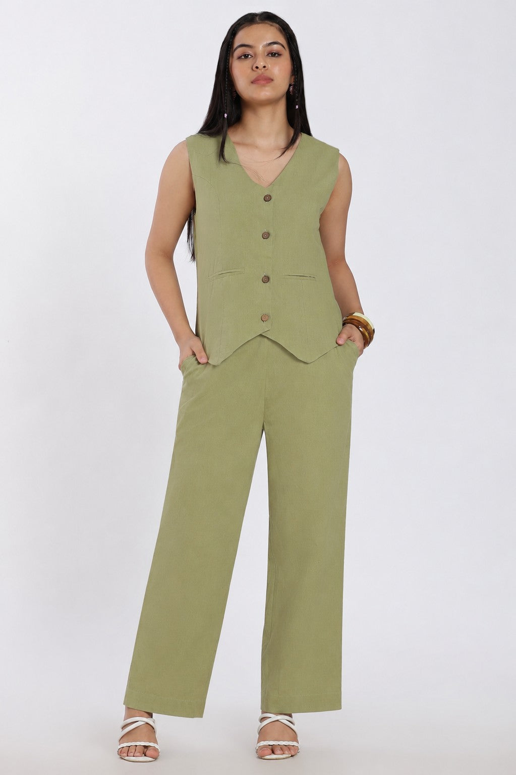 Womens Slim Fit Green Solid Co-ord Set - Image 2