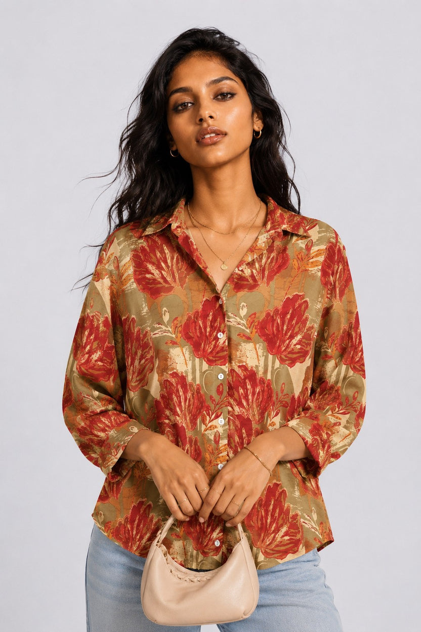 Womens Regular Fit Rust Botanical Shirt - Image 1