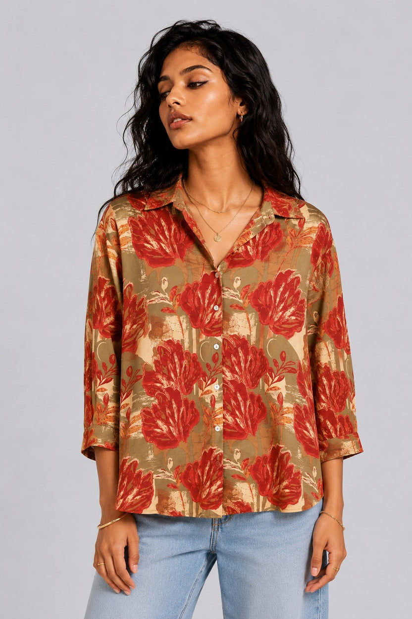 Womens Regular Fit Rust Botanical Shirt - Image 2