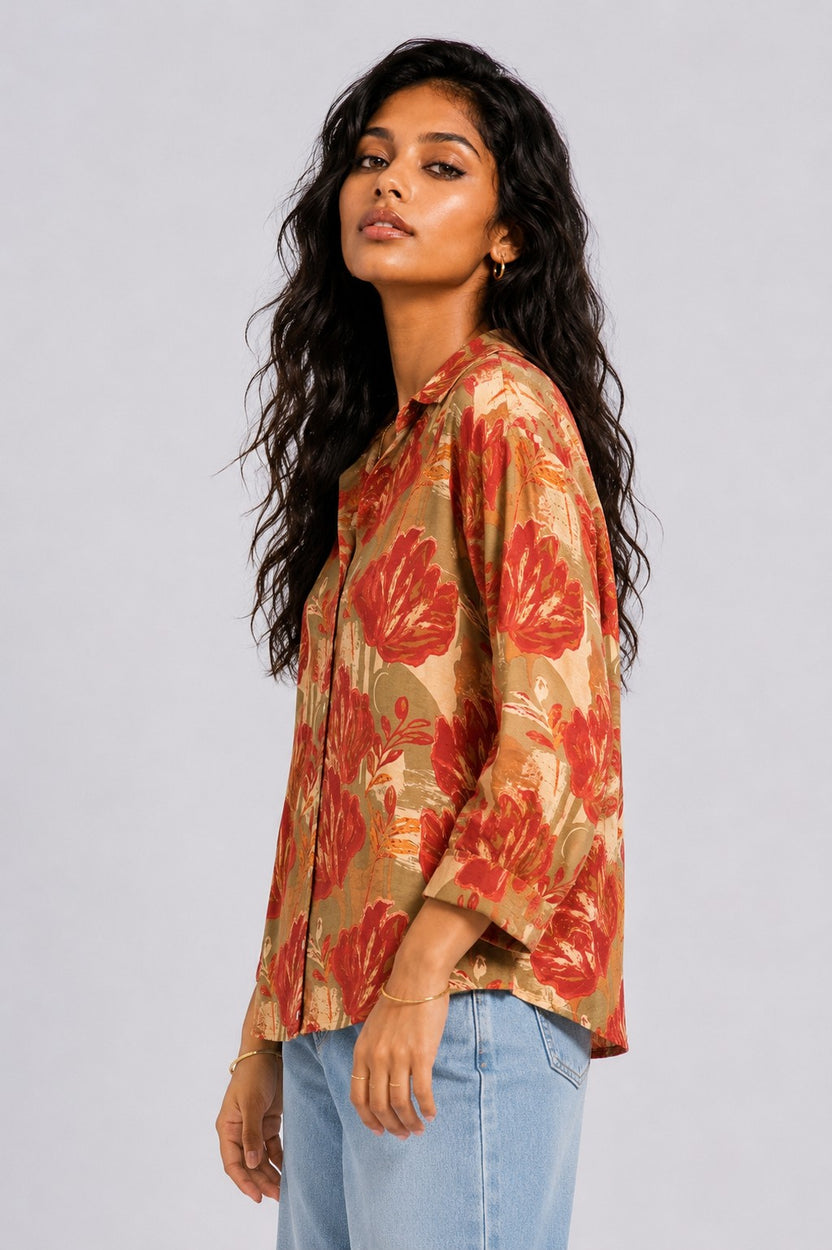 Womens Regular Fit Rust Botanical Shirt - Image 4