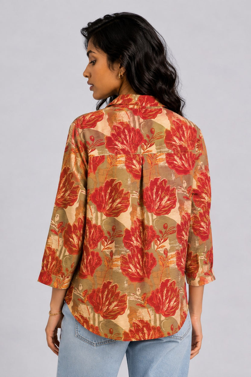 Womens Regular Fit Rust Botanical Shirt - Image 5