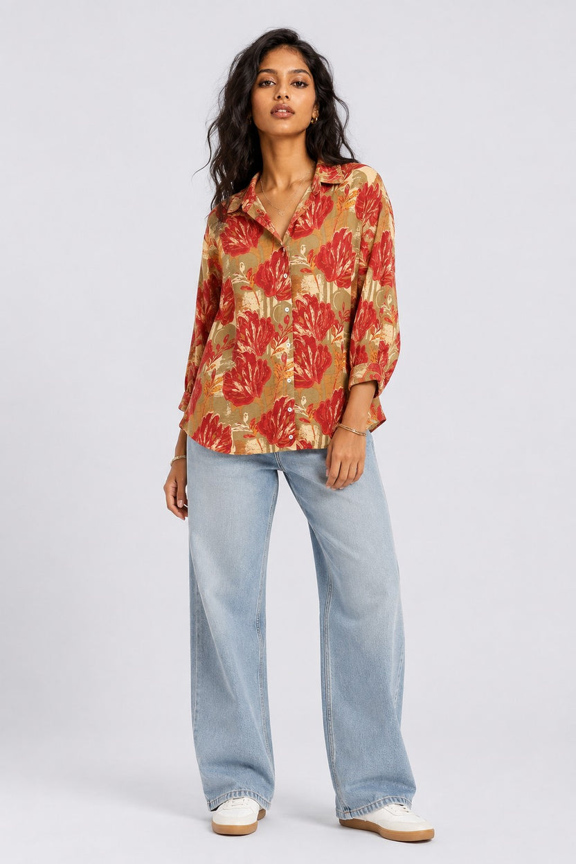 Womens Regular Fit Rust Botanical Shirt - Image 6