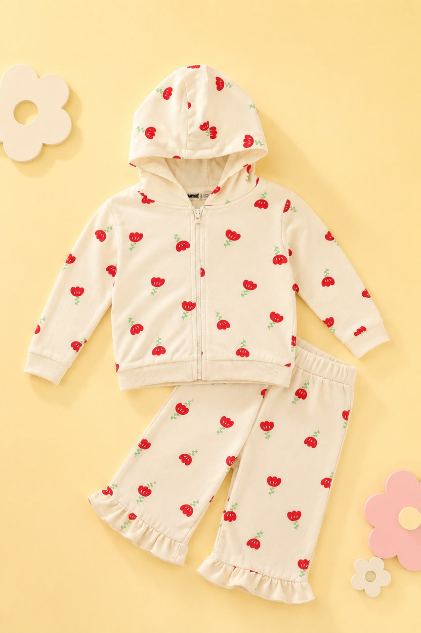 Infant Girls Regular Fit Beige Floral Co-ord Set - Image 1