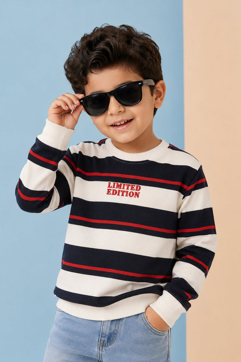 Boys Regular Fit Cream Striped Sweatshirt - Image 1