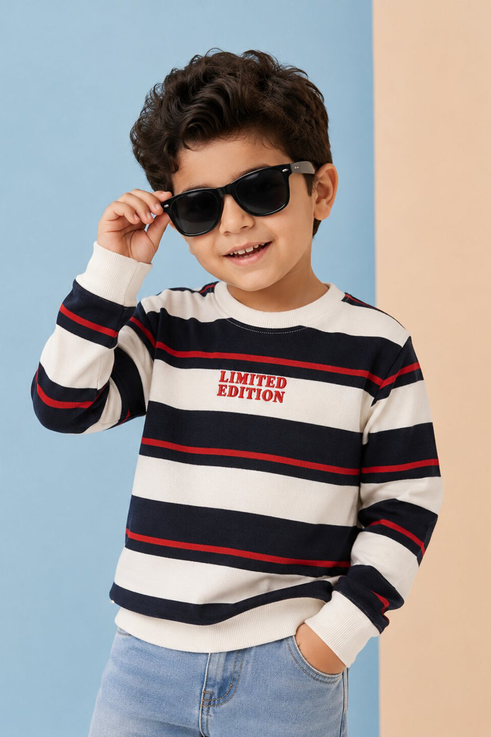 Boys Regular Fit Cream Striped Sweatshirt - Image 1