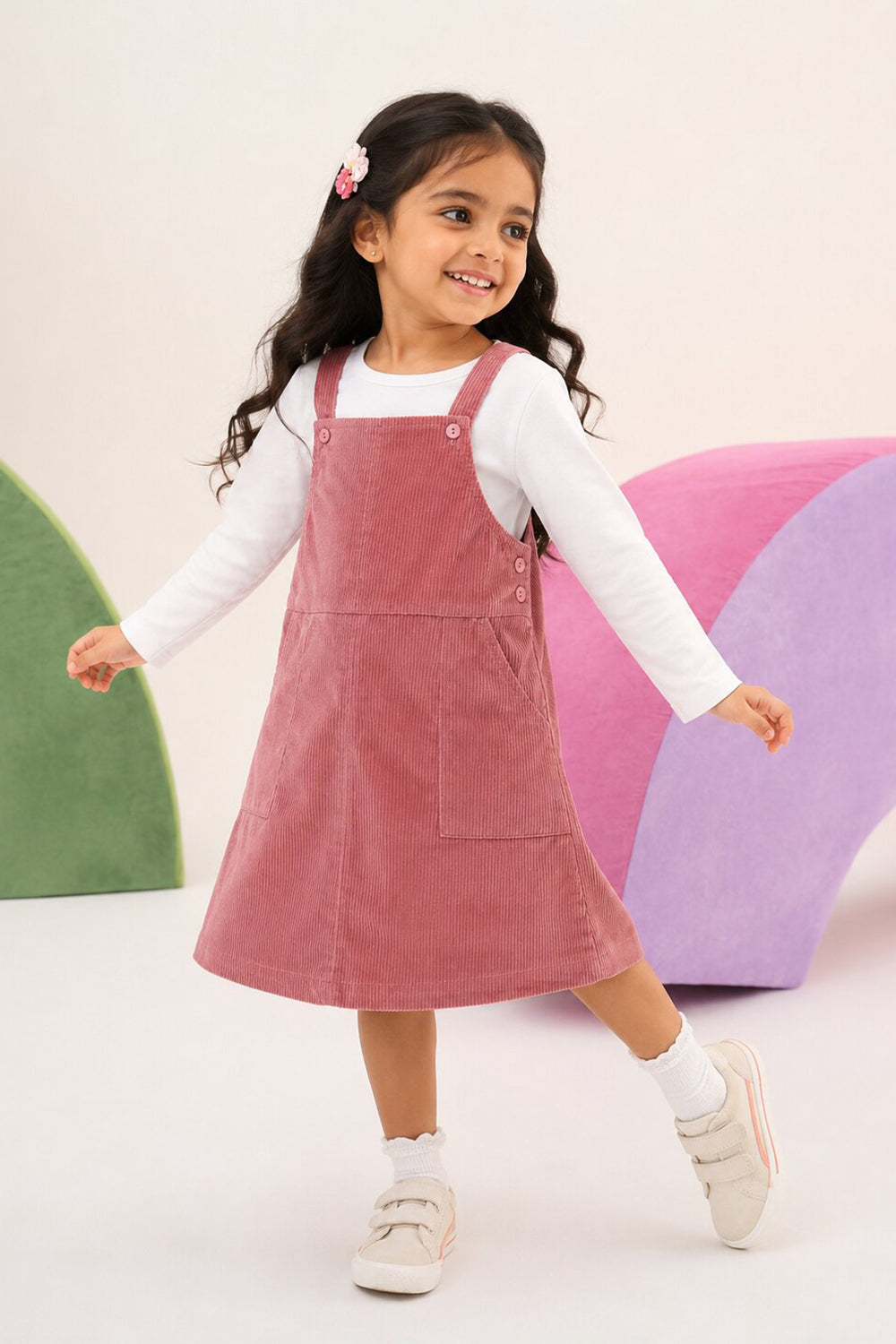 Girls Regular Fit Pink Textured Dungaree and T-Shirt - Image 1