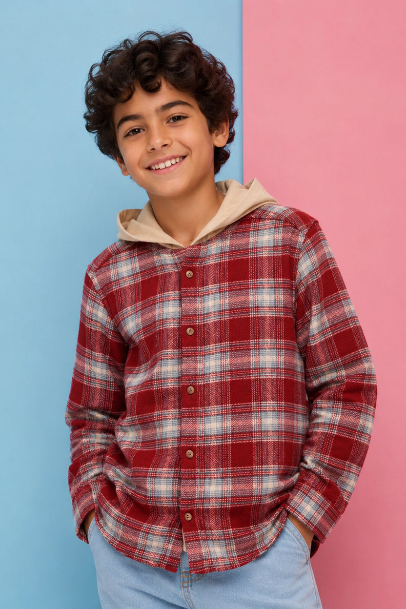 Tweens Boys Regular Fit Red Checked Casual Shirt with Hoodie - Image 1