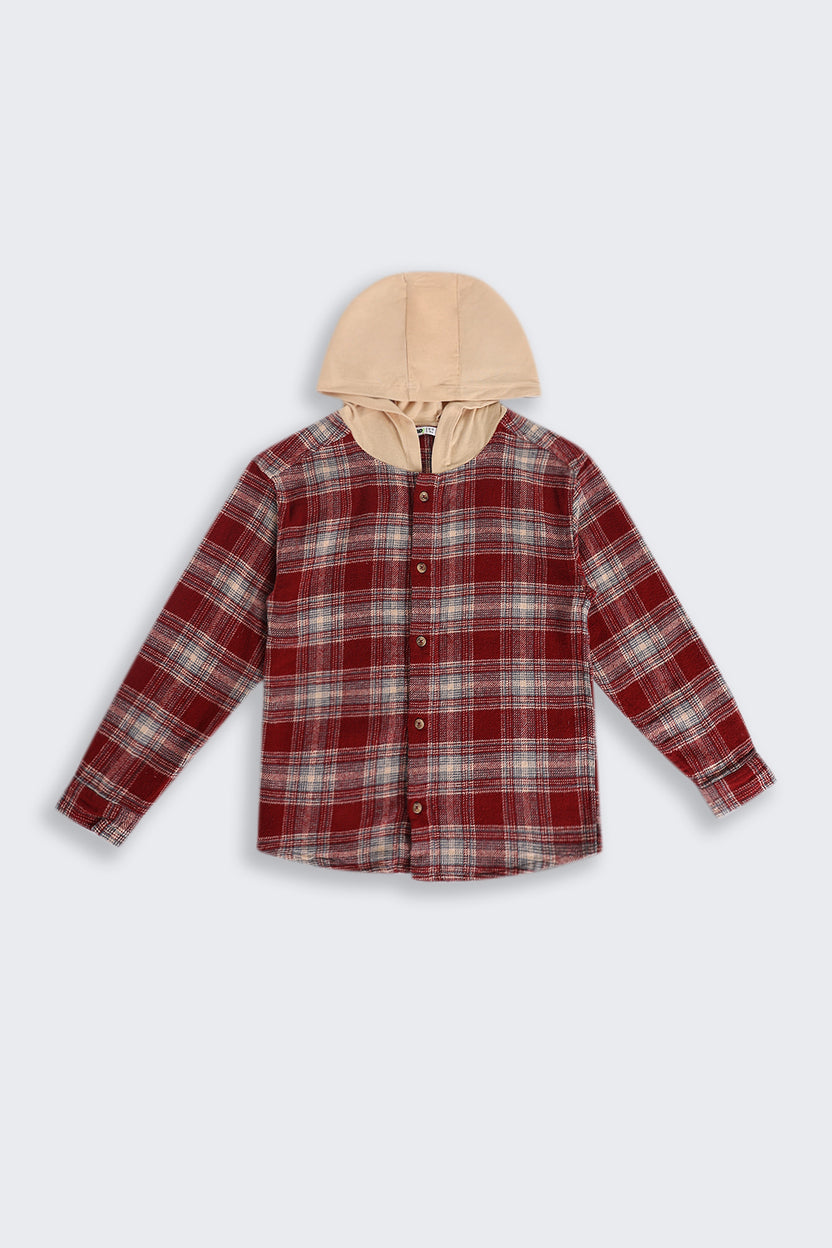 Tweens Boys Regular Fit Red Checked Casual Shirt with Hoodie - Image 2