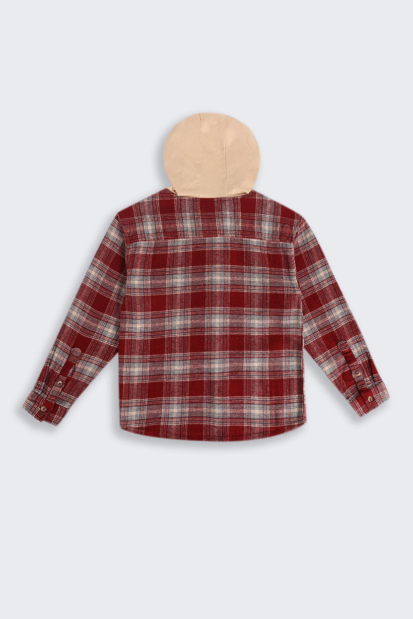 Tweens Boys Regular Fit Red Checked Casual Shirt with Hoodie - Image 3