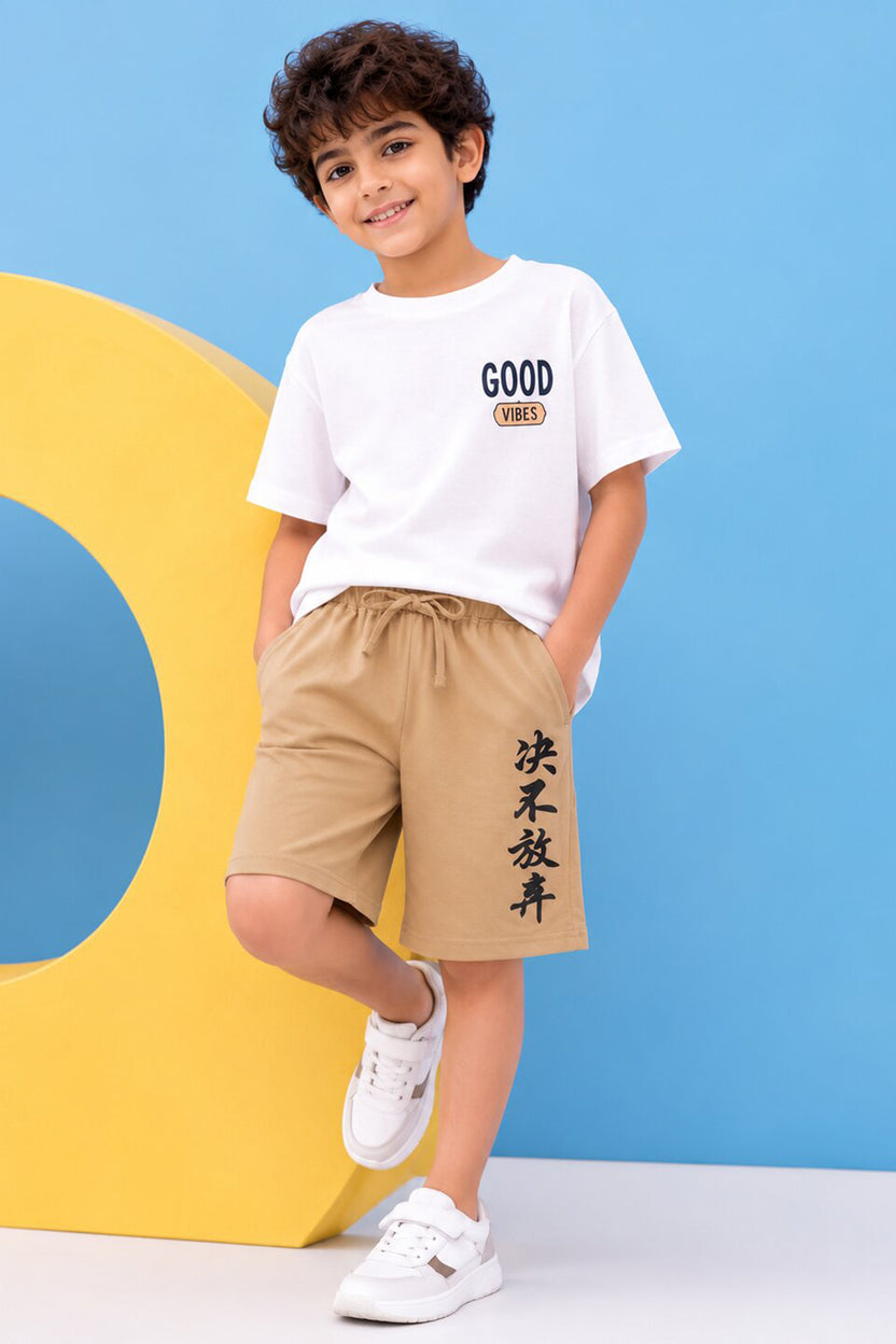 Tweens Boys Regular Fit Beige Placement Design Shorts - Image 1