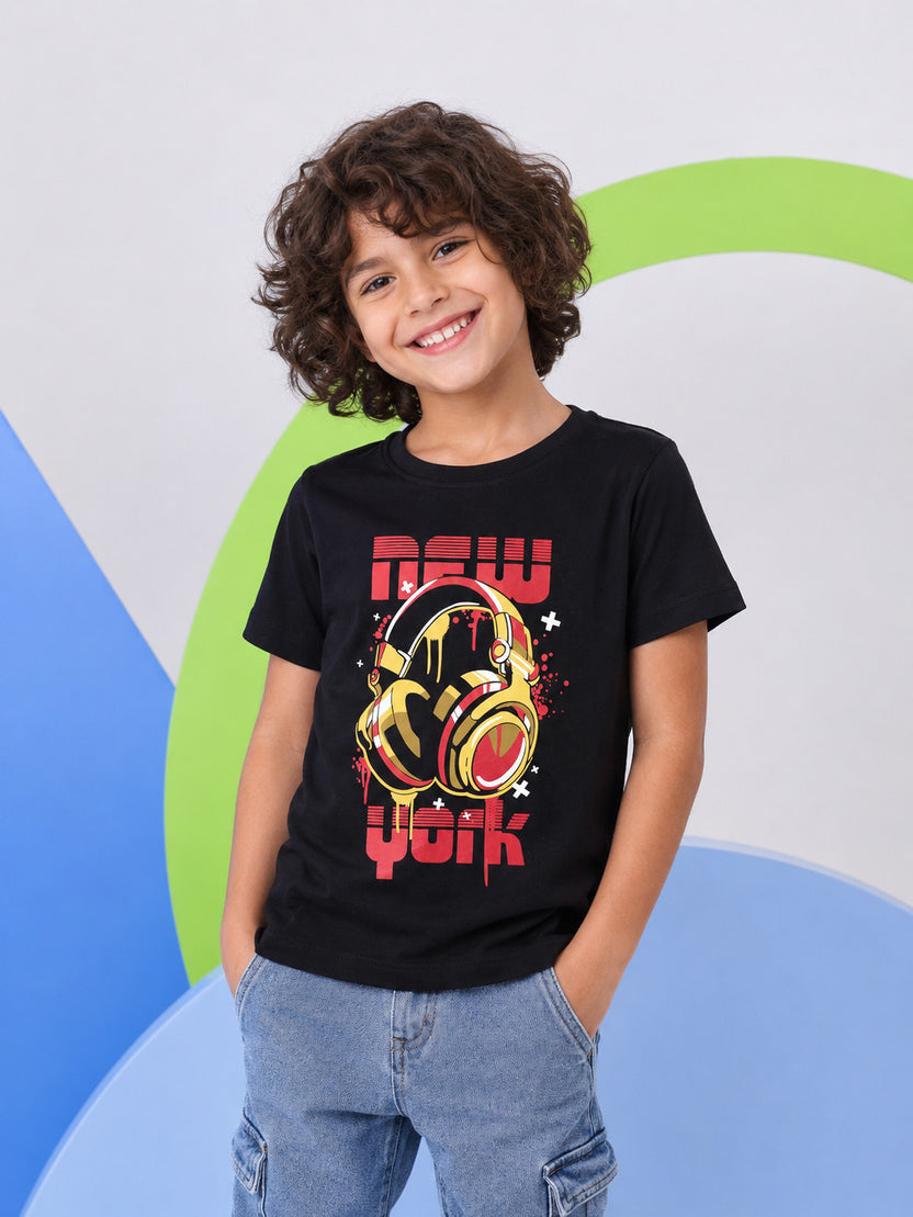 Tweens Boys Regular Fit Black T-Shirt - Image 1