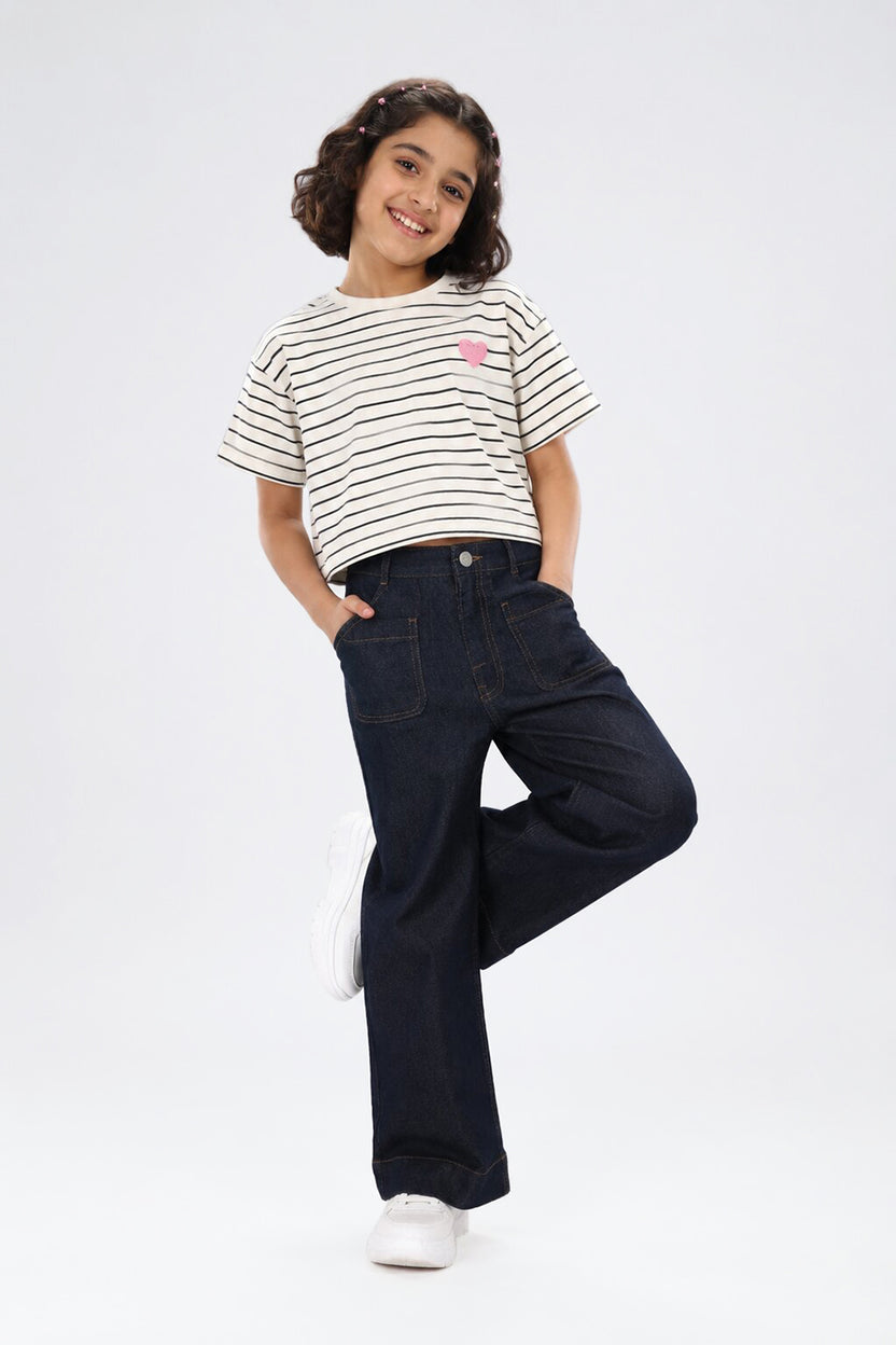 Tweens Girls Wide Leg Fit Navy Solid Jeans - Image 1