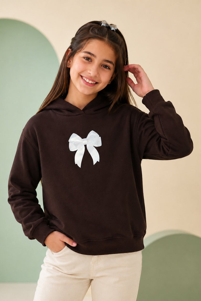 Tweens Girls Brown Placement Design Hooded Sweatshirt - Image 1