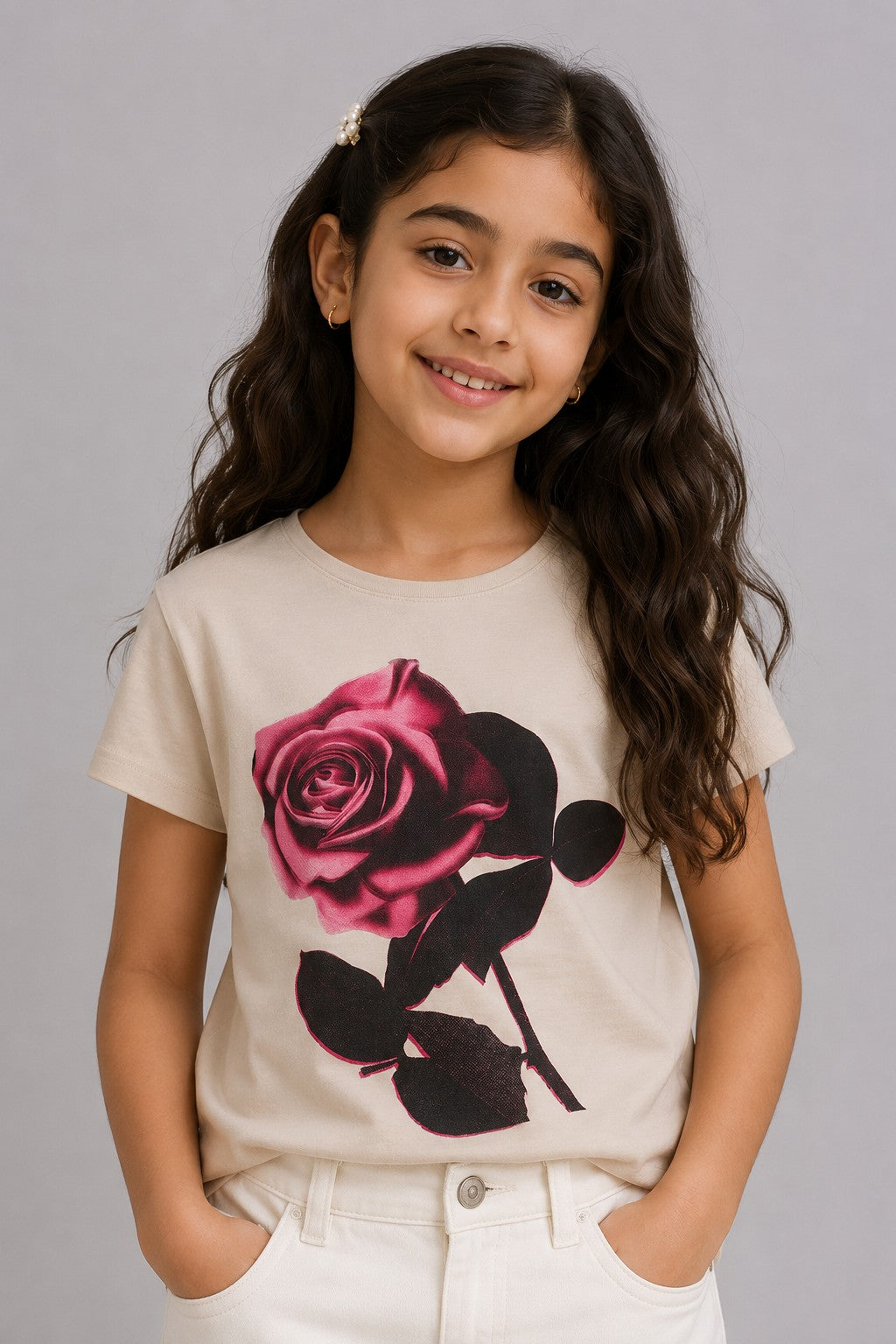 Tweens Girls Regular Fit Off White Floral Design T-Shirt - Image 1
