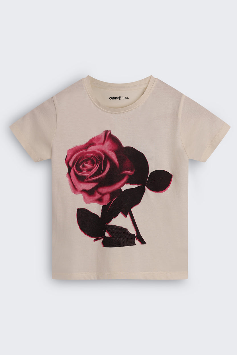 Tweens Girls Regular Fit Off White Floral Design T-Shirt - Image 2