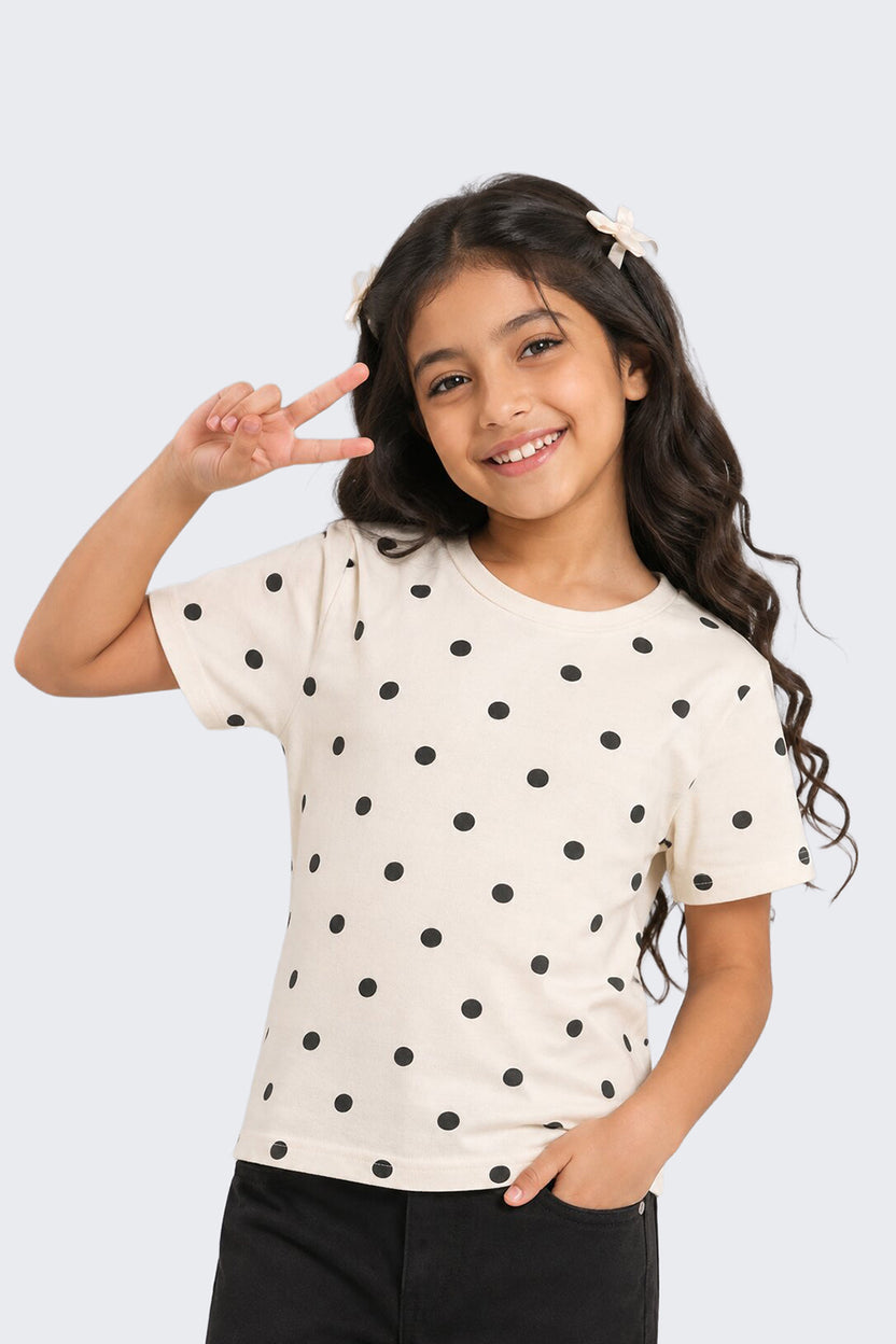 Tweens Girls Regular Fit Off White Polka Dot T-Shirt - Image 1