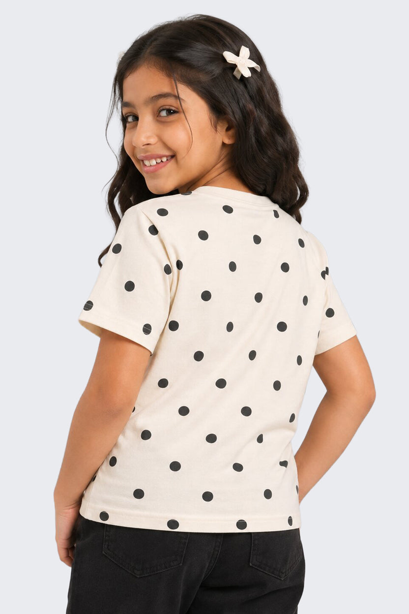 Tweens Girls Regular Fit Off White Polka Dot T-Shirt - Image 3
