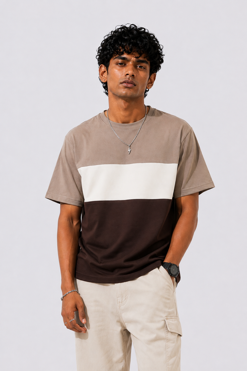 Mens Regular Fit Brown Colourblocked T-Shirt - Image 1